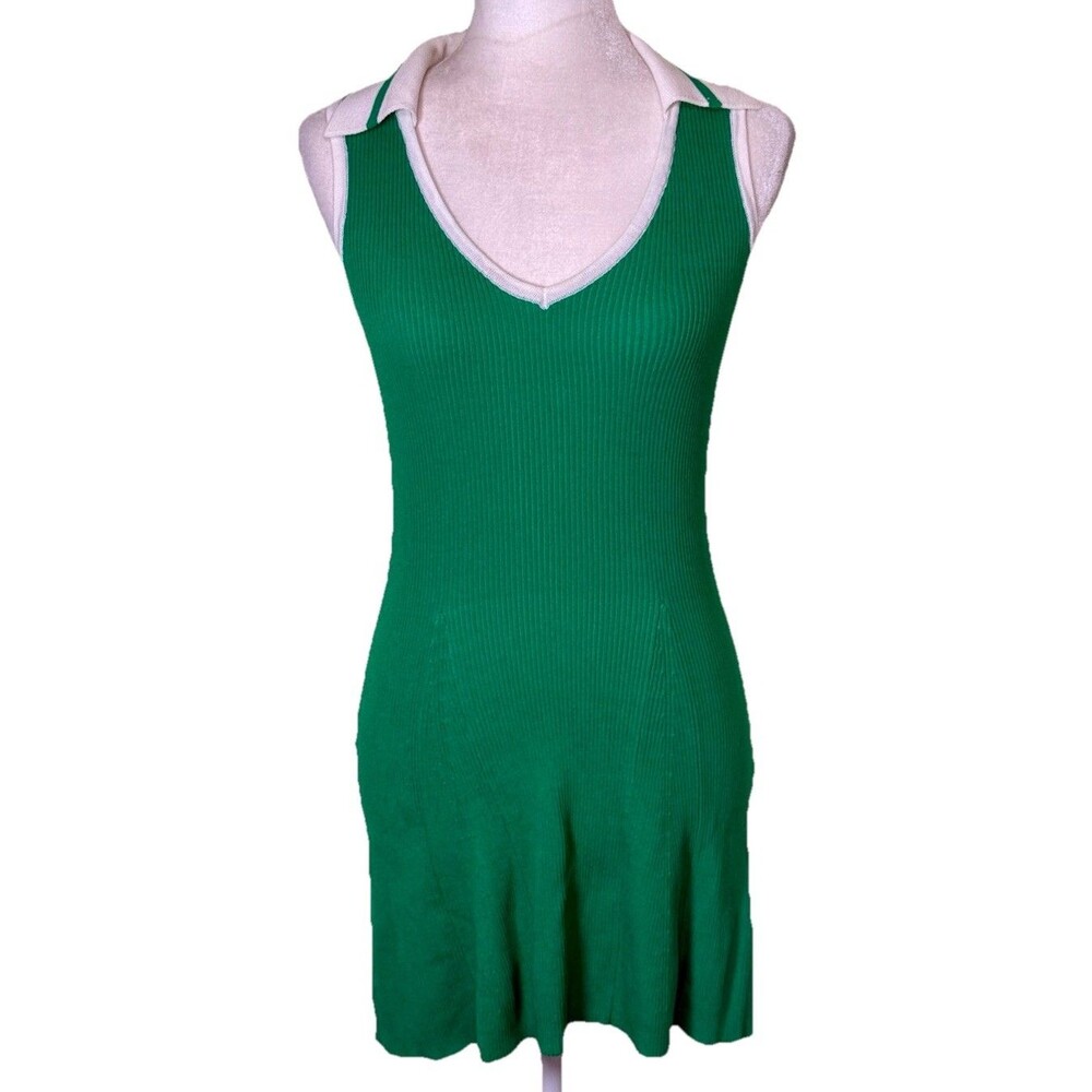 Lulu’s Women's Y2K Green Ribbed Knit Collared Mini Dress Sporty Tenniscore‎ XS